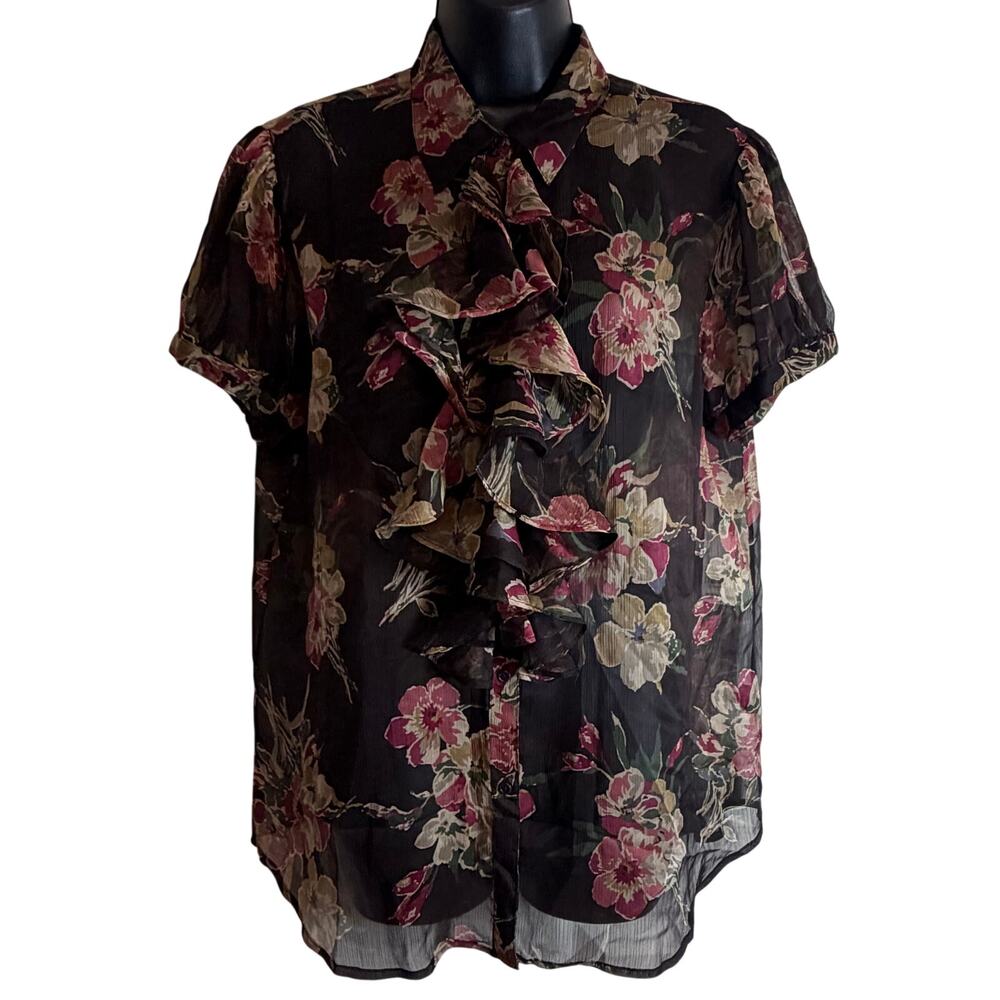 Ralph Lauren Floral Sheer Blouse XL Ruffle Front Romantic Cottagecore Top New